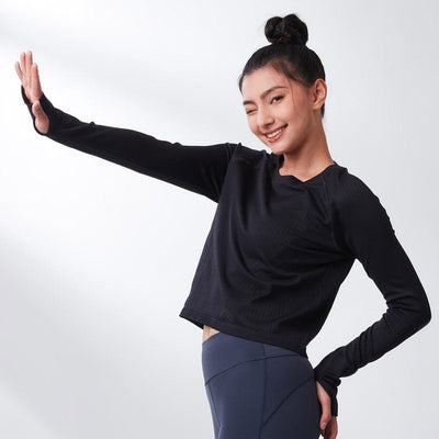Sustainable Seamless Knit Slim Fit Long Sleeve Crop Top Tops Her own words SPORTS Black XS 