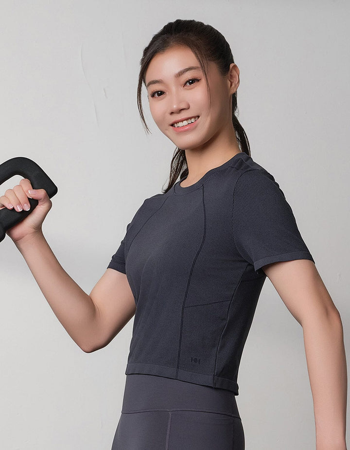 Seamless Knit Ribbed Slim Fit Crop Short Sleeve Crop Top Her own words SPORTS Night Sky x Turbulence S 