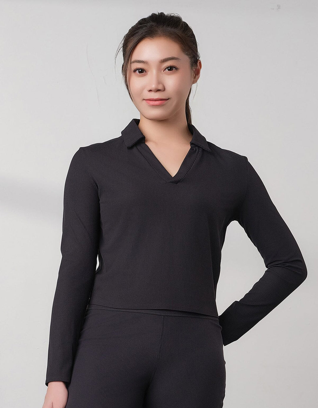 HOW-EFFORTLESS Ribbed Polo Long Sleeve Long Sleeve Her own words SPORTS 