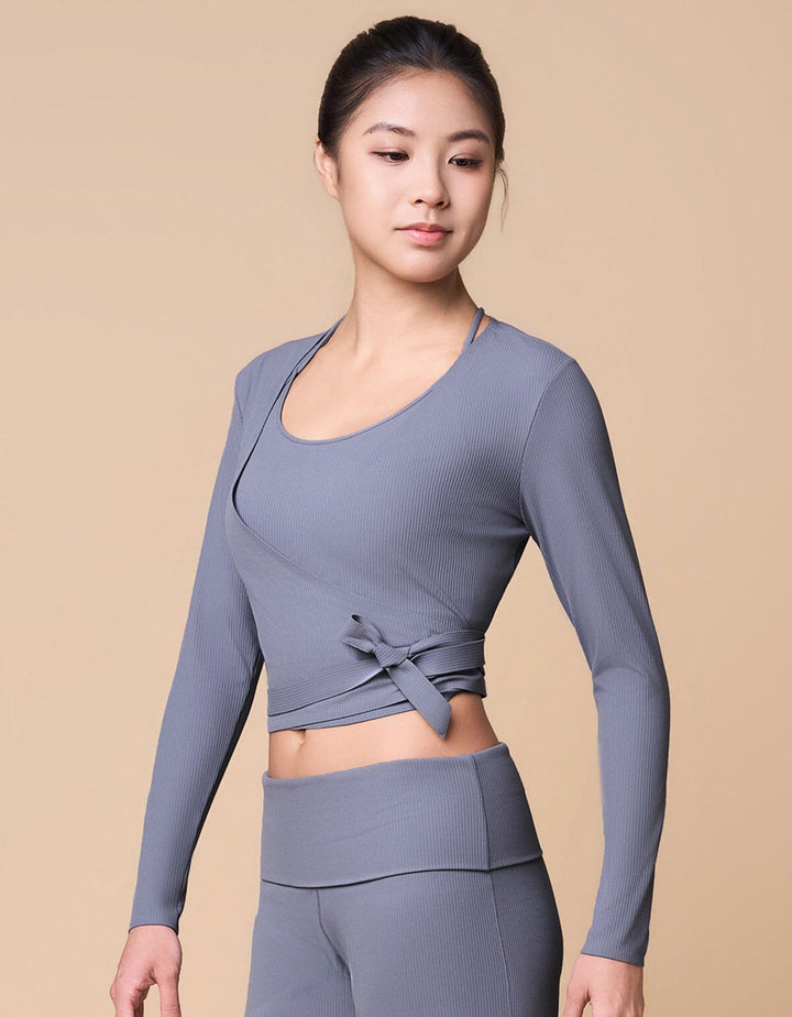 Ribbed Wrap Front Long Sleeve Top Long Sleeve Her own words SPORTS Folkstone Grey S 