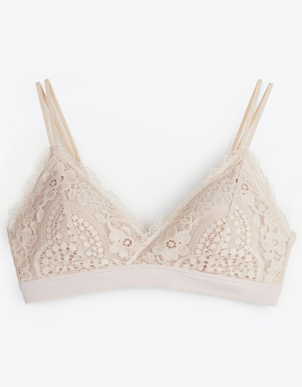 A white STYLIST Lace Triangle Bralette from Her own words on the plain background