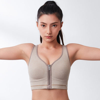 Sustainable Seamless Knit REherbafoam™ & REextraSkin™ Medium Impact Zip Front Sports Bra Sports Bra Her own words SPORTS Desert Heather 70B 