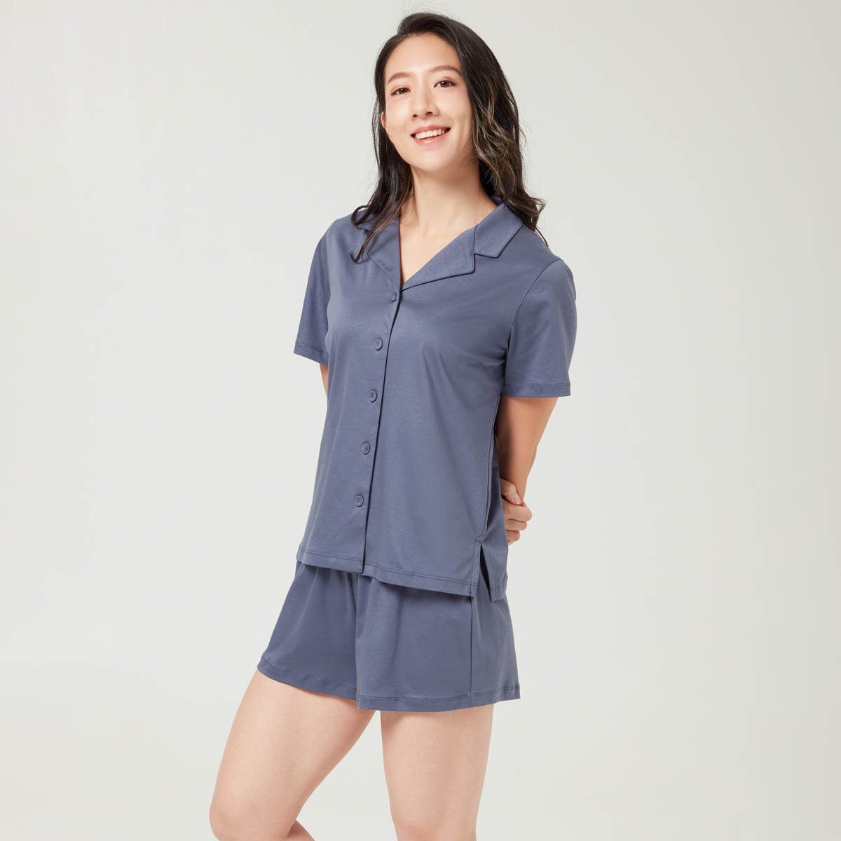 Cotton Silk Pajamas set- Short Sleeve Tops and Shorts Homewear Her Own Words Stonewash S 